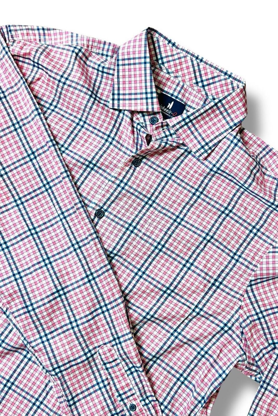 Johnnie-O Shirt Men’s M Pink Blue Plaid Button Up Prep-Formance Pocket Dress